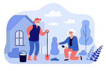 Senior man and woman family planting tree in garden. Active elderly couple people gardening flat vector illustration. Leisure activity, horticulture concept for website design or landing web page