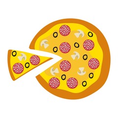 Hand drawn top view pizza with  mushrooms, pepperoni and cheese. Italian pizza with one slice. Isolated on white.