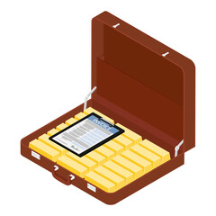Brown briefcase, diplomat full of golden bars and invoice document
