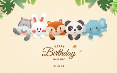 Cartoon happy birthday animals card. Greeting cards with cute safari or jungle animals party in the tropical forest. Template invitation paper art style vector illustration.