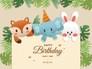Cartoon happy birthday animals card. Greeting cards with cute safari or jungle animals rabbit, elephant, fox party in the tropical forest. Template invitation paper art style vector illustration.	