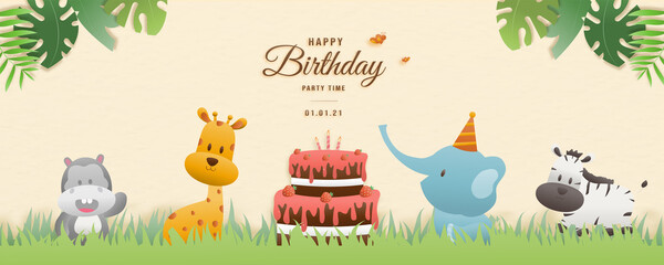 Birthday, animals card. Greeting cards with cute safari or jungle animals giraffe, elephant, hippo, zebra party in the tropical forest. Template invitation paper art style vector illustration	