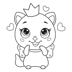 Cat princess loves its crown coloring page for kids. Black and white outline illustration