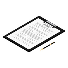 Isometric pen and survey on black clipboard  isolated on white background. Survey icon