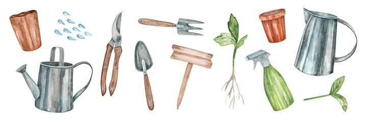Obraz premium Set of watercolor elements for gardening isolated on white background. Peat pot, pruner, shovel, watering can, sprayer, jug, sprout, seedlings, rake, water drops.