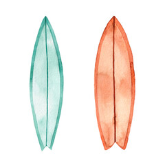 Watercolor surfboards isolated on white background. Beach sports. Fun on the waves.