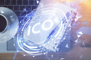 Multi exposure of crypto theme drawing and work table top veiw. Concept of blockchain technology in...