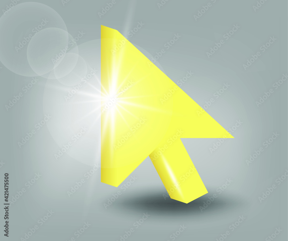 Poster computer mouse click pointer cursor arrow icon. 3d vector illustration in yellow - gray colors.