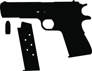 Army semi auto Pistol Gun with with ammunition and ammo clip. Icon Vector silhouette Illustration isolated on white background. Police and military weapon.