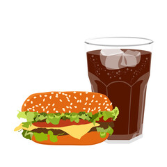 Fresh tasty burger, hamburger and soda isolated on white background. Vector illustration
