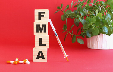 The word FMLA is made of wooden cubes on a red background. Medical concept.