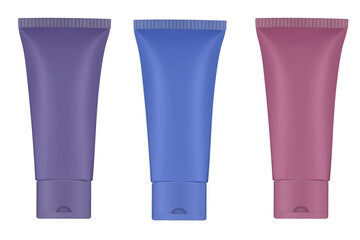 Set of dark purple, burgundy and blue plastic tubes. Hand cream, mask or lotion. Professional shampoo. 3d mockup.