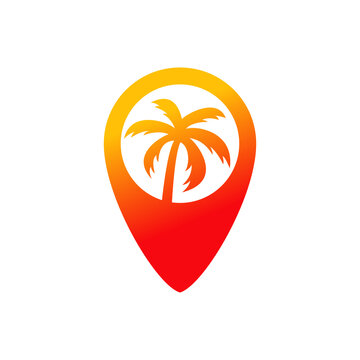 recommend clip art: Logotipo con silueta de palmera en puntero de posición en color anaranjado