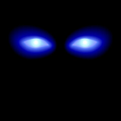Ghost is watching. Glowing electric blue eyes on a black background. Hypnotic concept. Sight of Fantasy god or mysterious spirit. Magnetic mental energy. Glance of esoteric supernatural person.