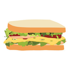 Sandwich with ham, cheese, tomatoes, lettuce, and toasted bread.