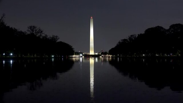 Reflecting Pool with Washington Monument seen from the Lincoln Memorial at night. Timelapse. Washington, D.C., USA.