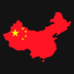 China map silhouette with flag on black background