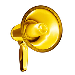 Obraz na płótnie Canvas Golden megaphone white background isolated closeup, gold metal loudspeaker, loudhailer, speaking trumpet, bullhorn, announcement symbol, sound sign, attention, warning icon, advertisement illustration