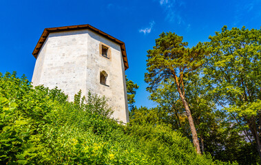 Fototapeta premium Ruins of medieval royal Ojcow Castle with main defense tower on Cracow-Czestochowa upland in Lesser Poland