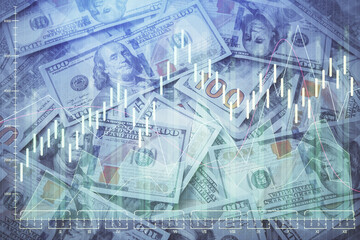 Double exposure of forex graph drawing over us dollars bill background. Concept of financial markets.