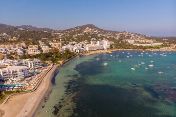 Fototapeta na wymiar Aerial view of Ibiza hotels and sea