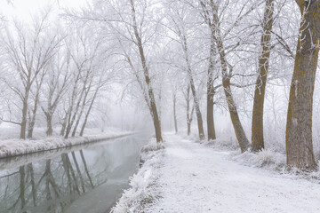 Castile Canal in winter with a strong frost. Valladolid, Castile and Leon, Spain