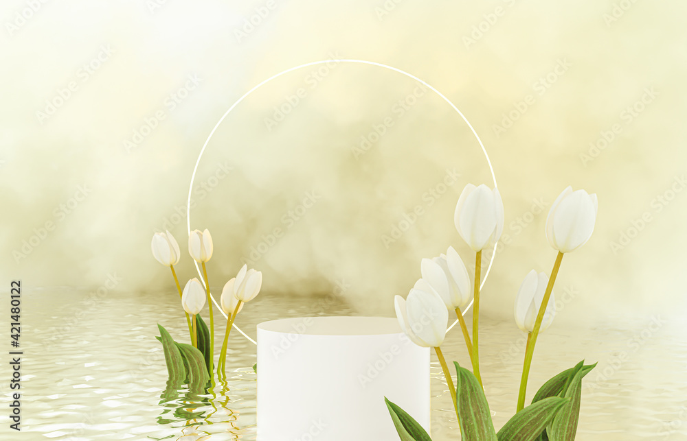 Poster Natural beauty podium backdrop for product display with Spring flower. 3d rendering.