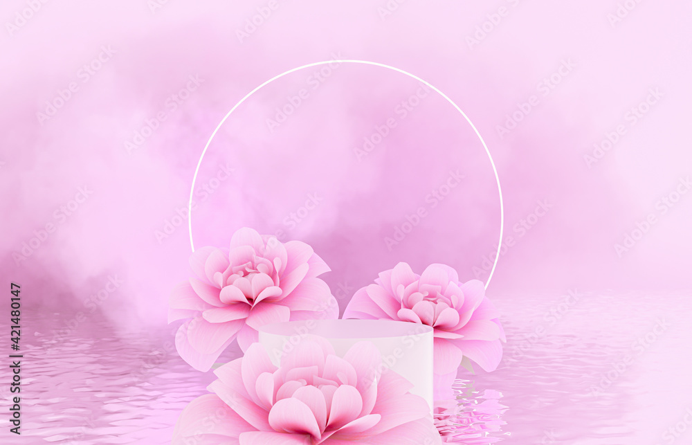 Poster Natural beauty podium backdrop for product display with Spring flower. 3d rendering.
