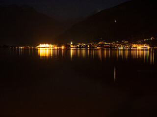 Night view of Zell am Zee on a lake in Austria.