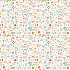 Hand Drawn Doodle Web Site Signs and Symbols. Social Media Icons Vector Seamless Pattern