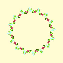 Spring wreath of flowers and leaves. Red tulips, blue snowdrops, and ladybugs. Vector illustration.