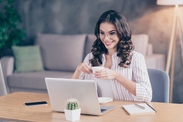 Fototapeta premium Photo portrait of businesswoman wearing glasses drinking coffee working on computer sitting in office