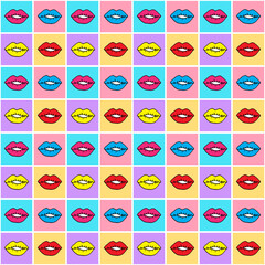 Seamless vector pattern with lips on isolated squares.