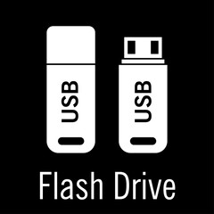 Isolated white USB stick icon with text on black background. Design element for poster, banner, clothes. Simple flat style. Vector illustration.