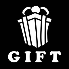 Isolated white gift box icon with text on black background. Design element for poster, banner, clothes. Simple flat style. Vector illustration.