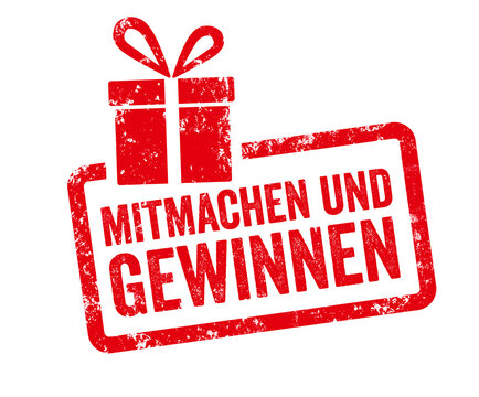 Red stamp with gift icon  - Enter to win in german - Mitmachen und gewinnen