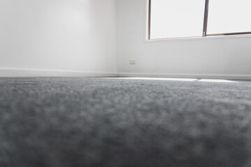 empty room with brand new grey blue carpet laid on the floor and freshly painted white walls, home renovation