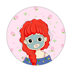 Cute Girl Doing Facial Mask Portrait illustration. Cartoon Redhead Girl and on a Pink Background with Strawberry pattern. Young Woman Doing Cosmetic face Mask. Cute Female Portrait. Daily Facial Care