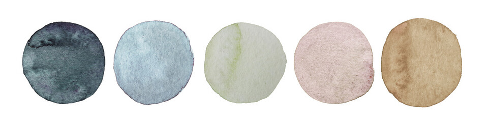 2021 Wedding pastel color swatch. Watercolor dot collection. Hand painted Spots on white background. Round, circle Isolated. Blobs of different color. For Wedding dress code card. Abstract bachground.