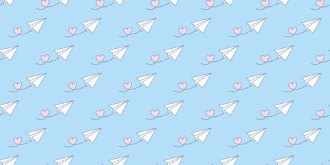 Blue sky, paper plane seamless repeat pattern vector background