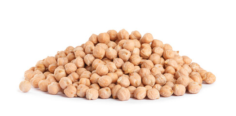 Pile of raw chickpeas on white background