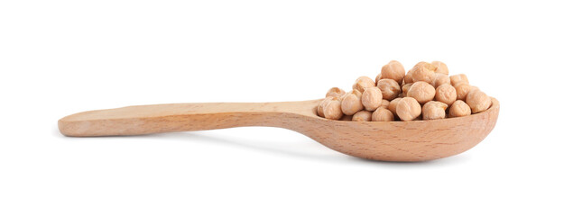 Raw chickpeas in spoon on white background