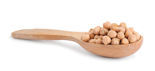 Raw chickpeas in spoon on white background