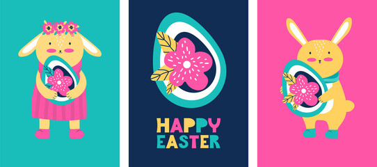 Happy Easter. Set of holiday greeting cards, posters or banners. Funny bunnies or hares with Easter eggs on a colorful background. Hand drawn illustration in the Scandinavian style. Spring Festival.