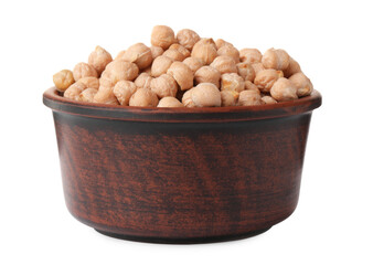 Raw chickpeas in bowl on white background