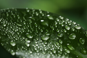 Closeup view of beautiful green leaf with dew drops