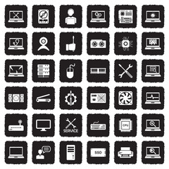 Computer Repair Icons. Grunge Black Flat Design. Vector Illustration.