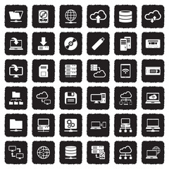 Data Storage Icons. Grunge Black Flat Design. Vector Illustration.