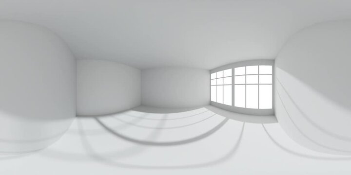 Empty white room with white wall, floor, ceiling with sun light from window HDRI environment map, colorless white 360 degrees spherical panorama form corner 3d animation mock-up