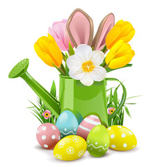 Vector Easter Watering Can with Rabbit